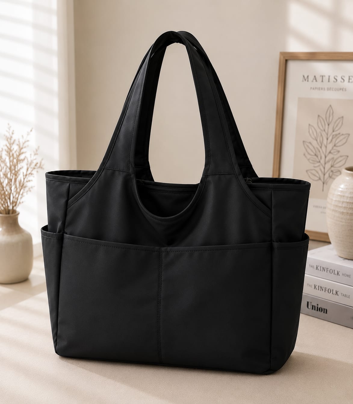 BLACK MULTI-POCKET TOTE BAG FOR WOMEN | LARGE CAPACITY SHOULDER HANDBAG