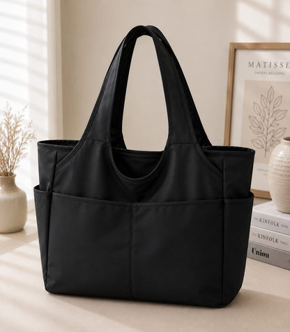 BLACK MULTI-POCKET TOTE BAG FOR WOMEN | LARGE CAPACITY SHOULDER HANDBAG