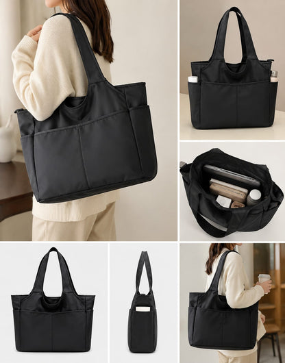 BLACK MULTI-POCKET TOTE BAG FOR WOMEN | LARGE CAPACITY SHOULDER HANDBAG