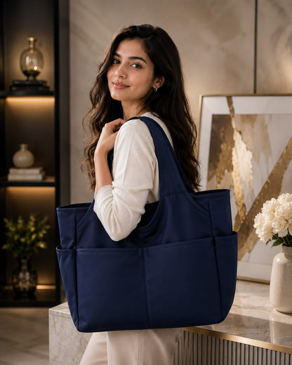 BLACK MULTI-POCKET TOTE BAG FOR WOMEN | LARGE CAPACITY SHOULDER HANDBAG