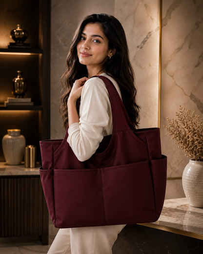 BLACK MULTI-POCKET TOTE BAG FOR WOMEN | LARGE CAPACITY SHOULDER HANDBAG
