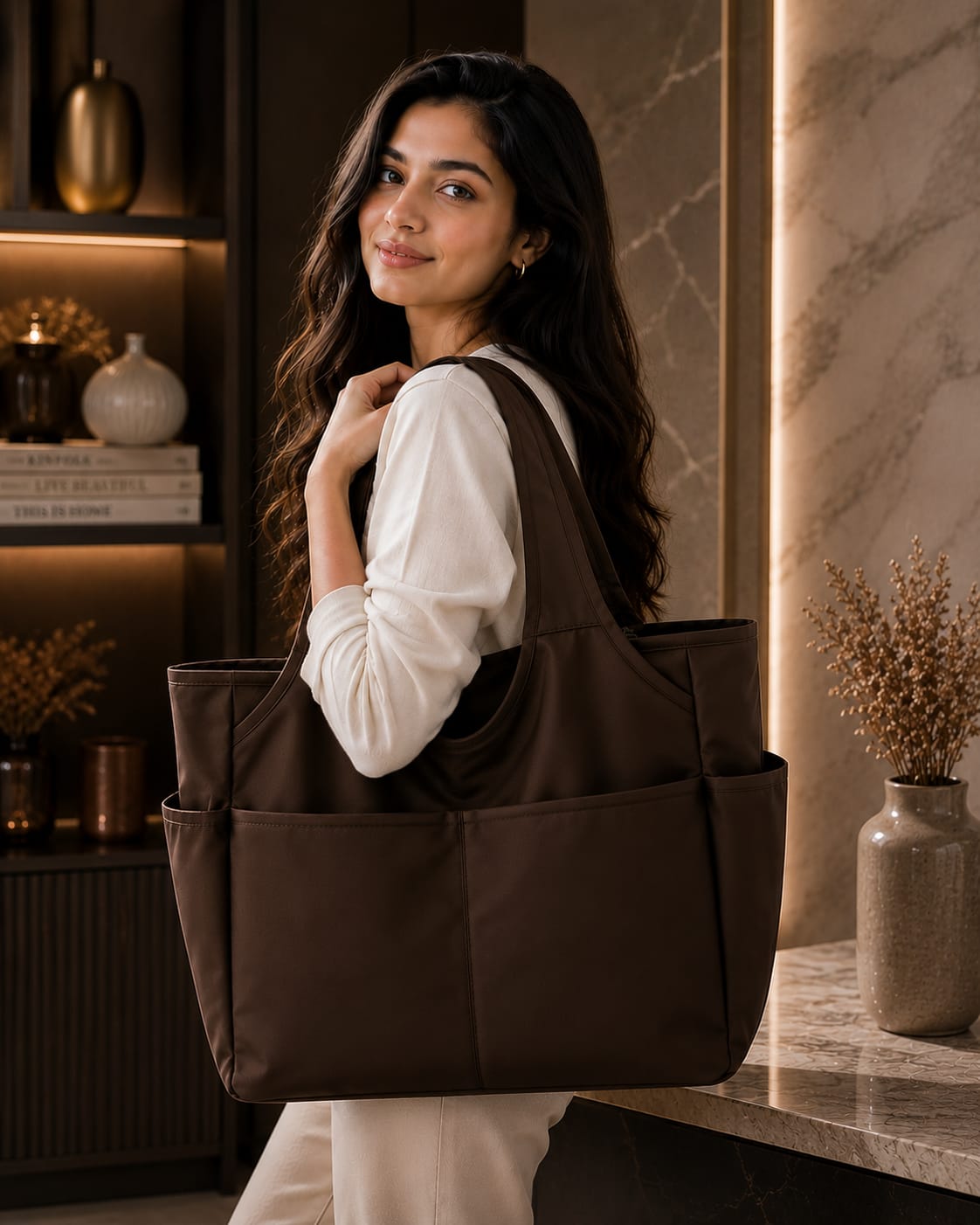 BLACK MULTI-POCKET TOTE BAG FOR WOMEN | LARGE CAPACITY SHOULDER HANDBAG