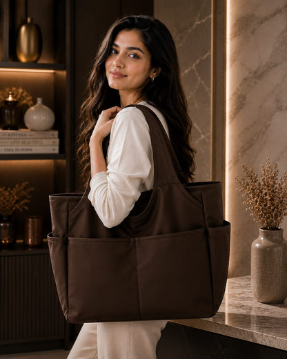 BLACK MULTI-POCKET TOTE BAG FOR WOMEN | LARGE CAPACITY SHOULDER HANDBAG