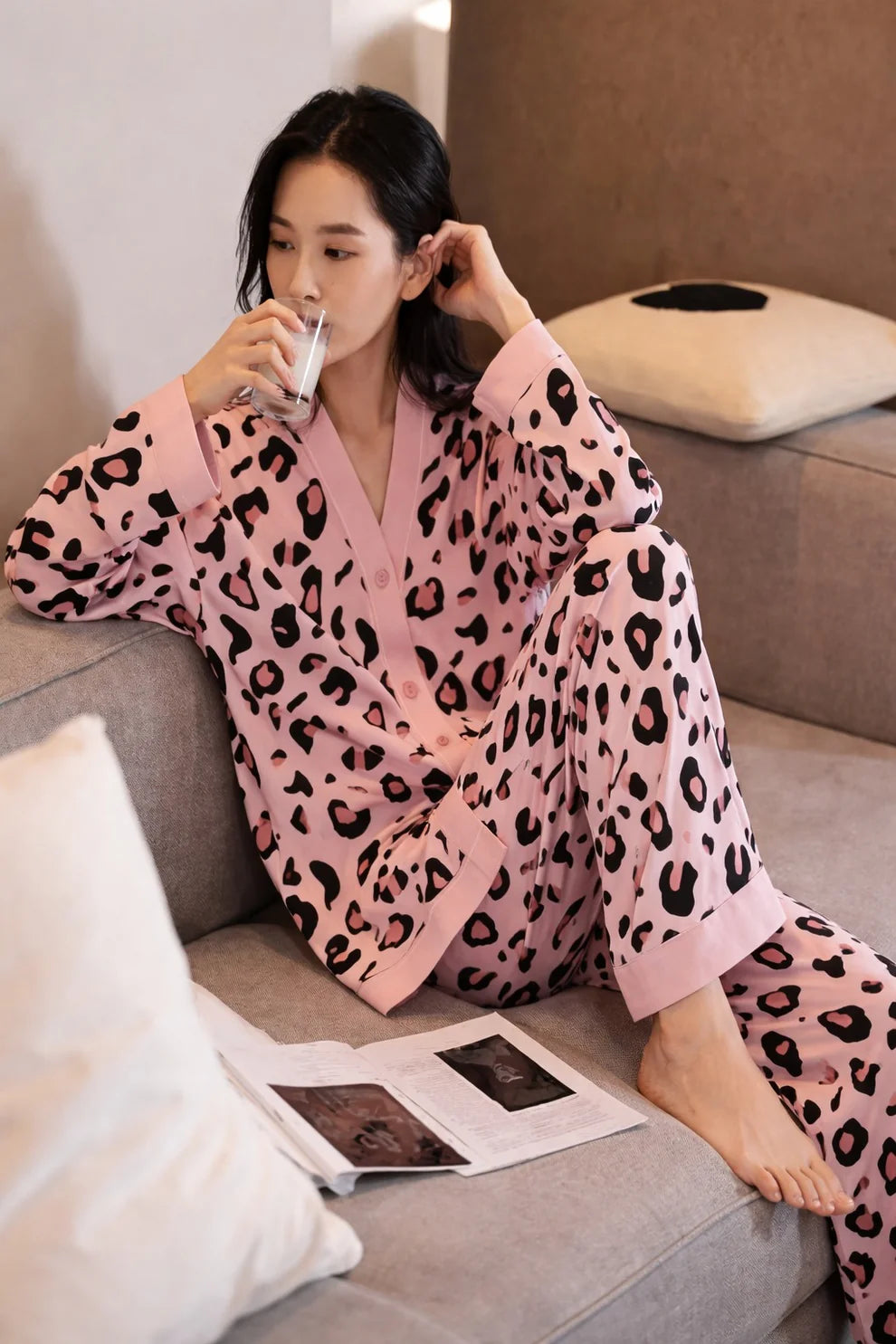 Baby Pink with Cheetah Printed V-Neck Button Printed PJ Set