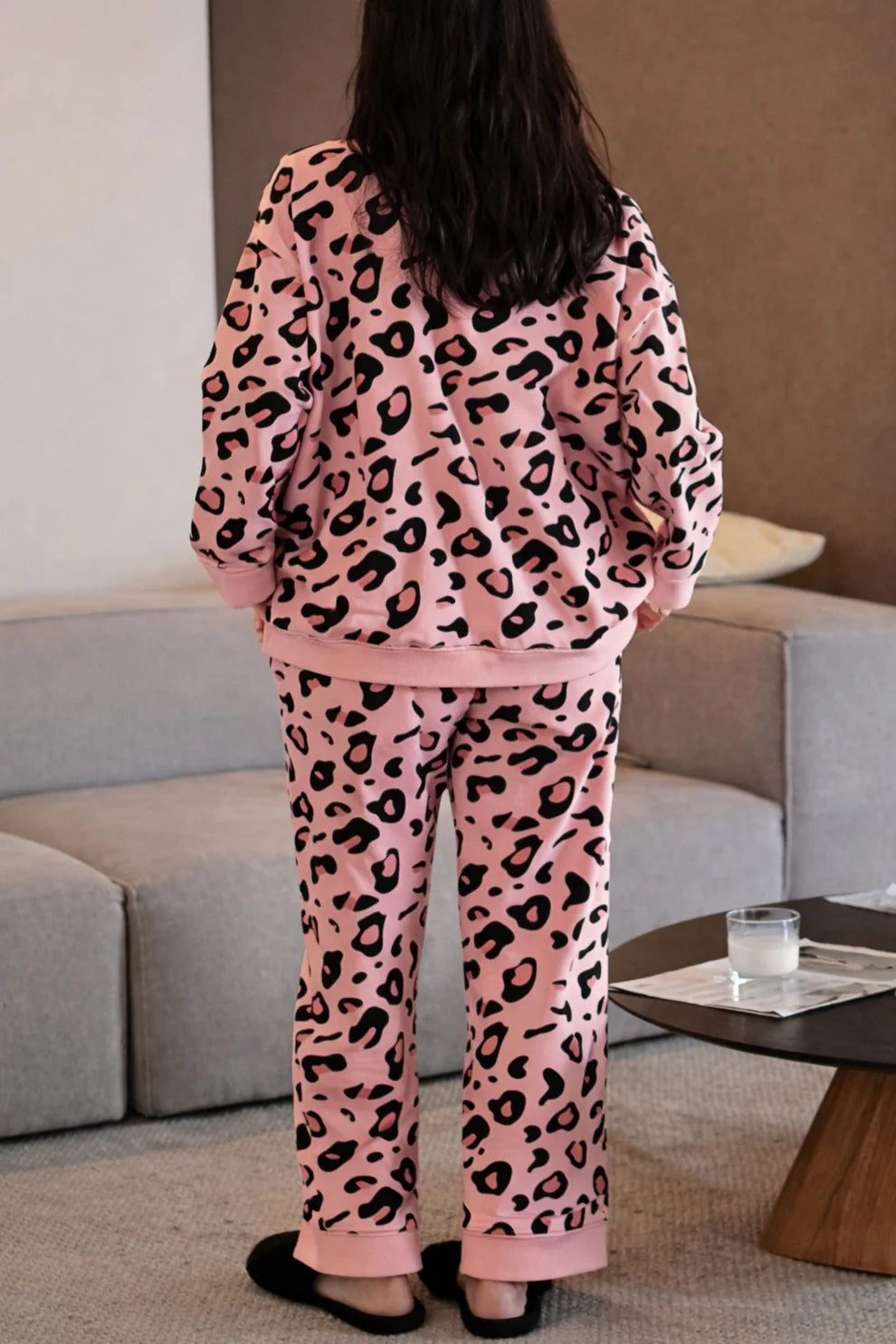Baby Pink with Cheetah Printed V-Neck Button Printed PJ Set