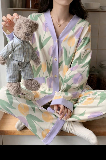 Off White with Multi Flowers Printed V-Neck Button Printed PJ Set