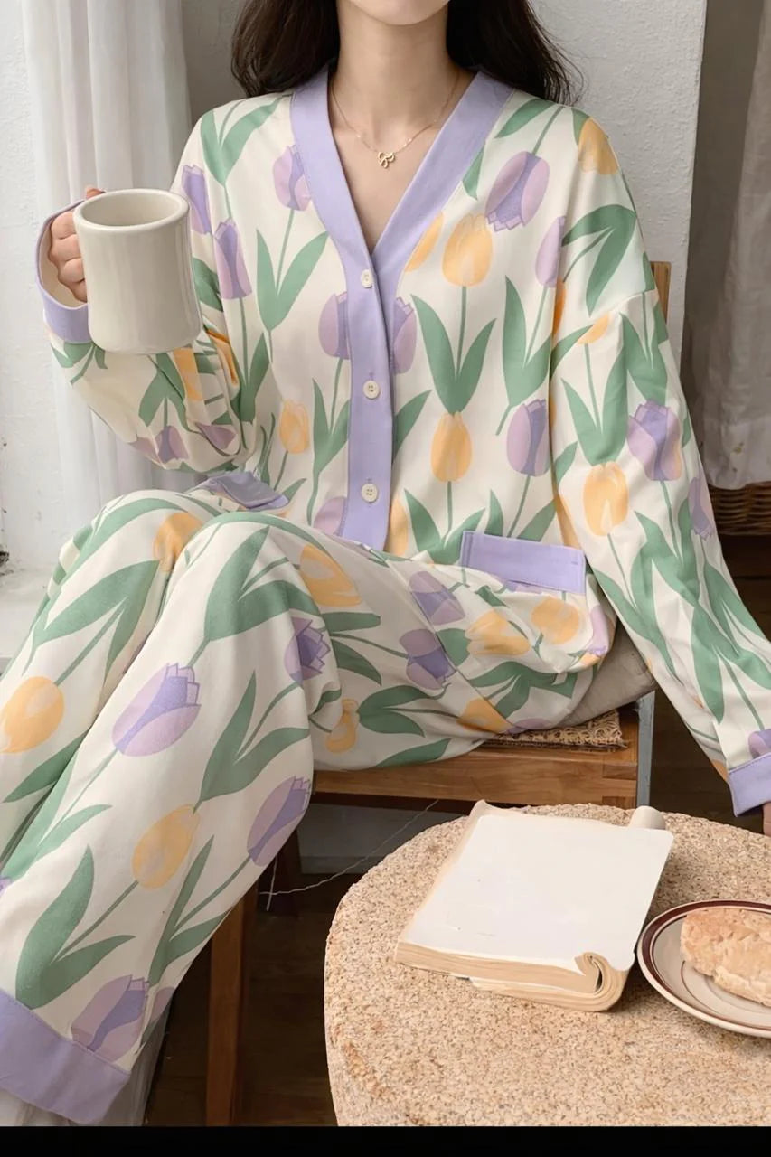 Off White with Multi Flowers Printed V-Neck Button Printed PJ Set