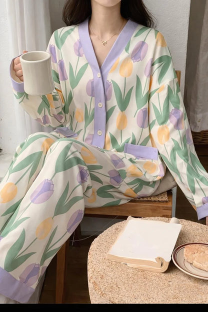 Off White with Multi Flowers Printed V-Neck Button Printed PJ Set