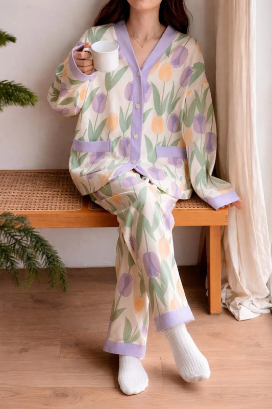 Off White with Multi Flowers Printed V-Neck Button Printed PJ Set