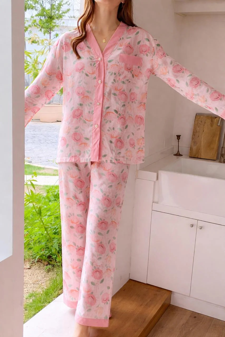 Baby Pink All Over Flowers Printed V-Neck Button Printed PJ Set