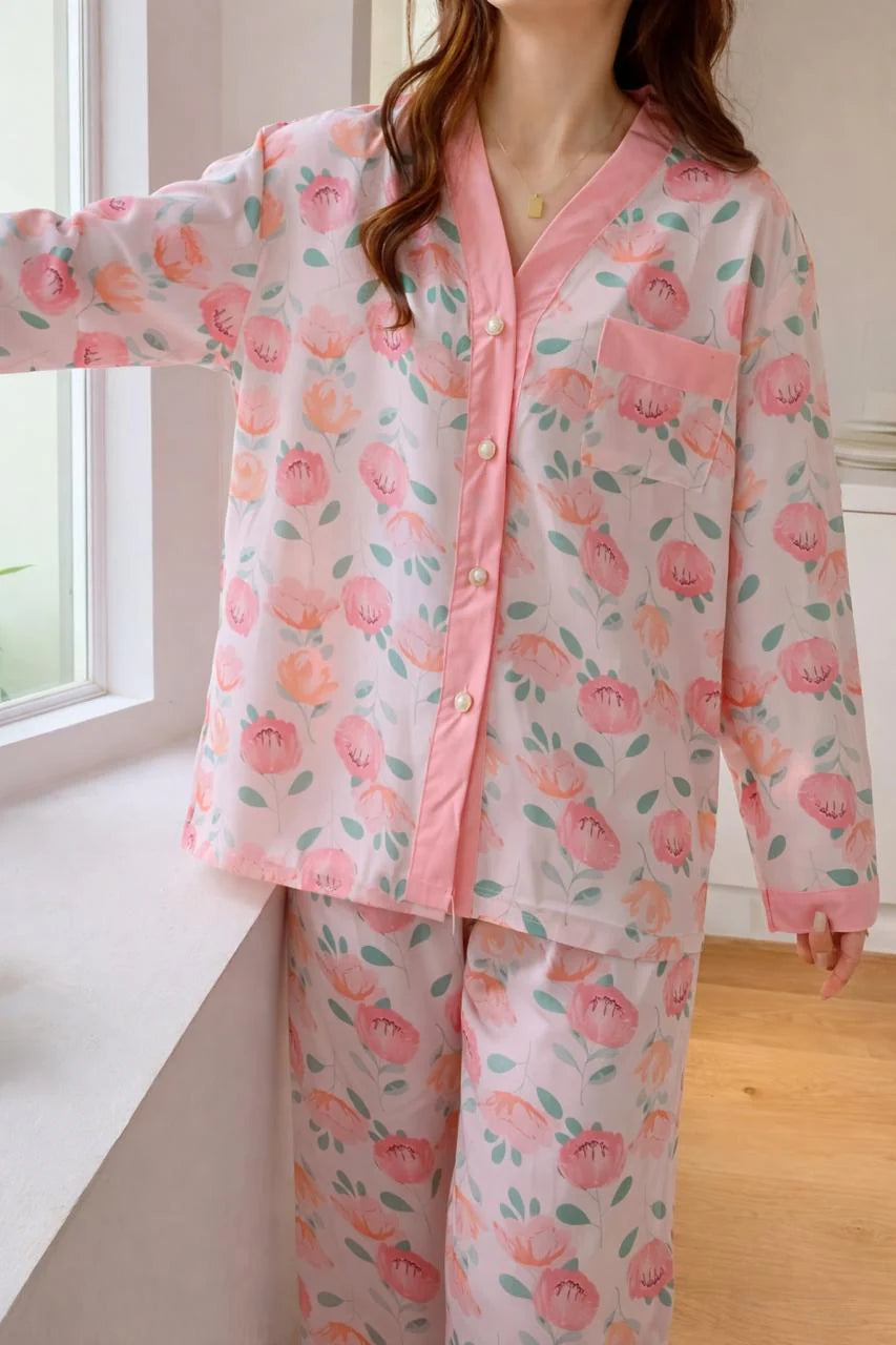 Baby Pink All Over Flowers Printed V-Neck Button Printed PJ Set