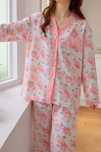 Baby Pink All Over Flowers Printed V-Neck Button Printed PJ Set