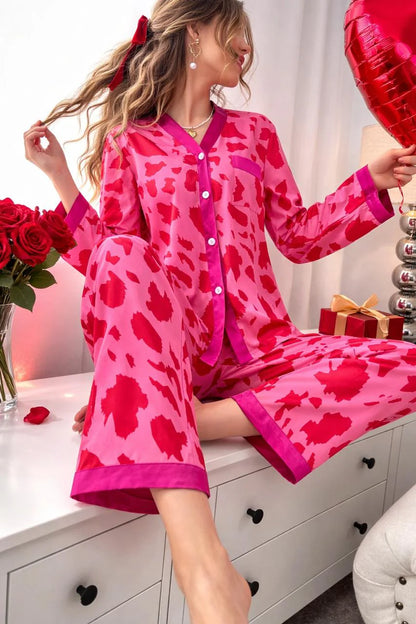 Pink With Dark Pink Cheetah Printed V-Neck Button Printed PJ Set