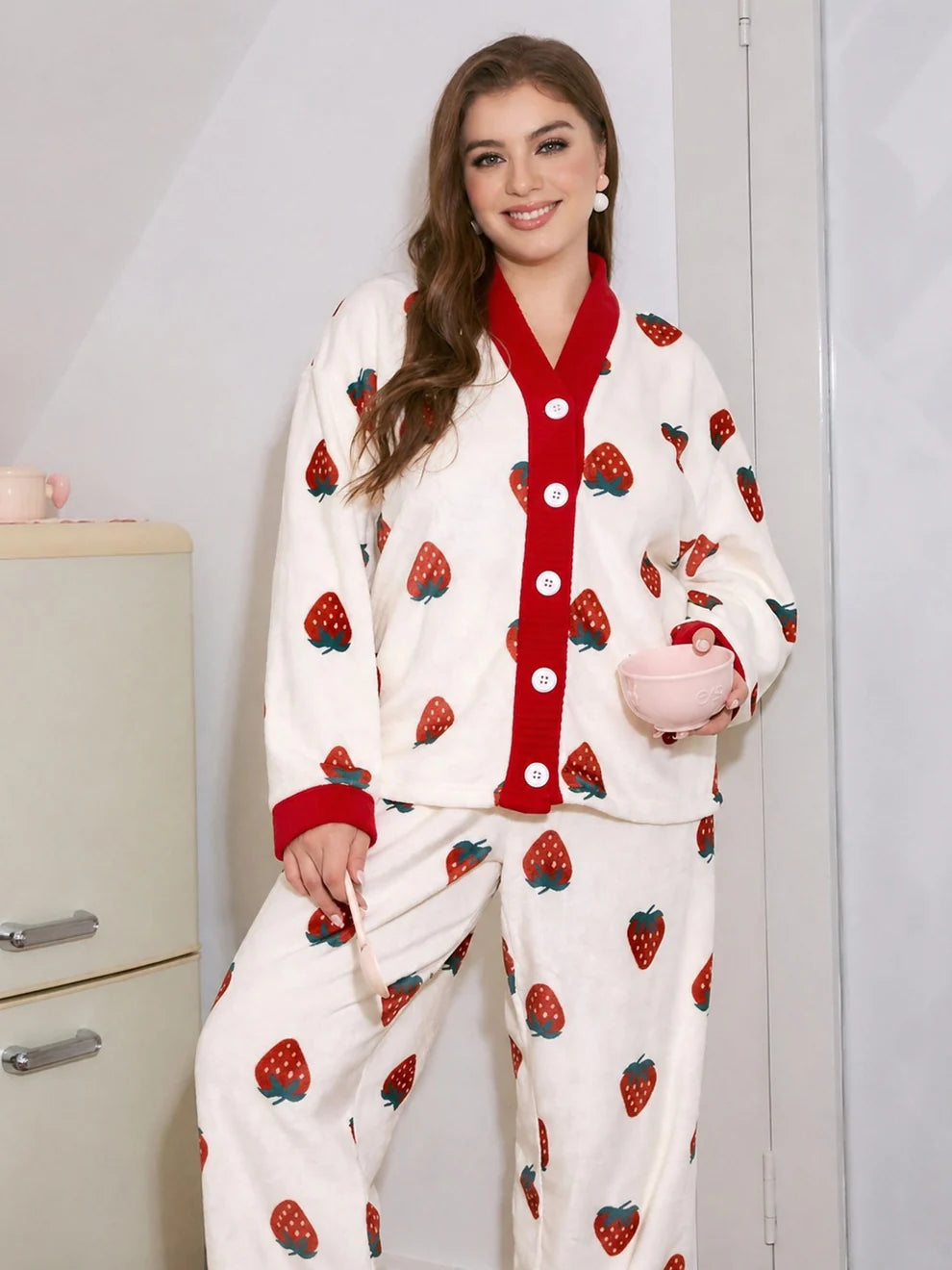 White with Red Strawberries Printed V-Neck Button PJ Set