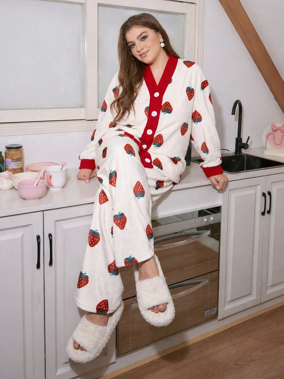 White with Red Strawberries Printed V-Neck Button PJ Set