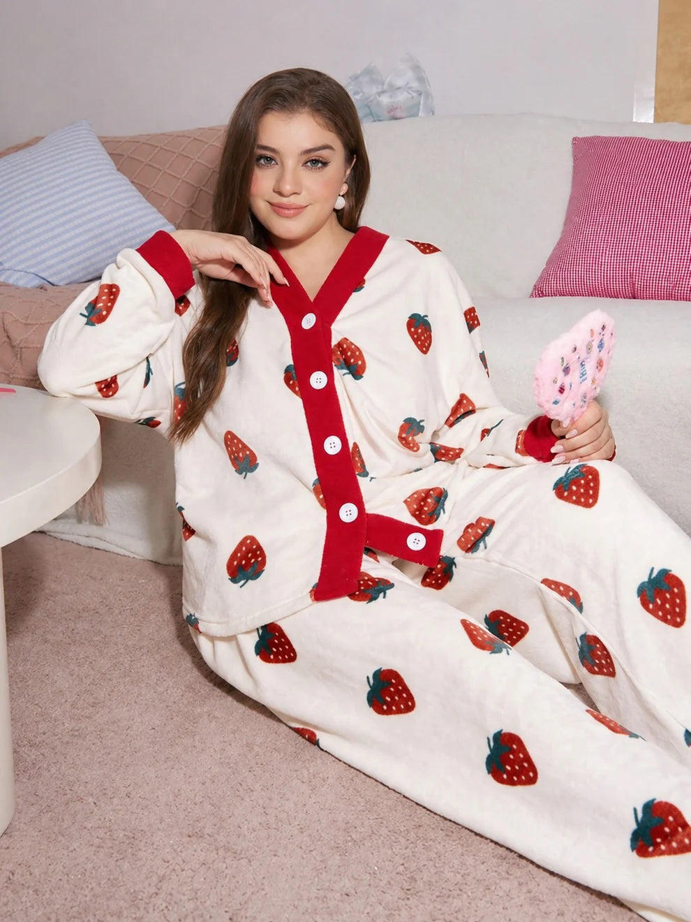 White with Red Strawberries Printed V-Neck Button PJ Set