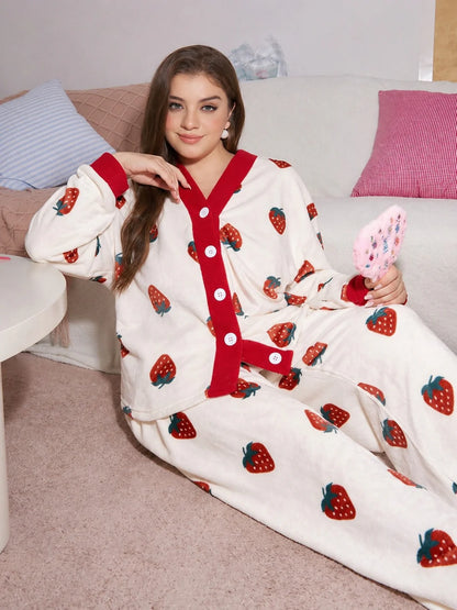White with Red Strawberries Printed V-Neck Button PJ Set