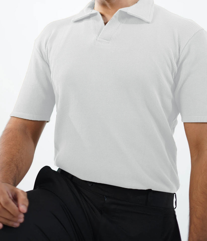 WAFFLE KNITTED POLO - WHITE