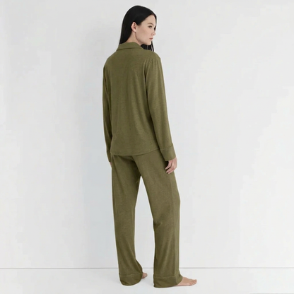 Army-green pajama suit, back view