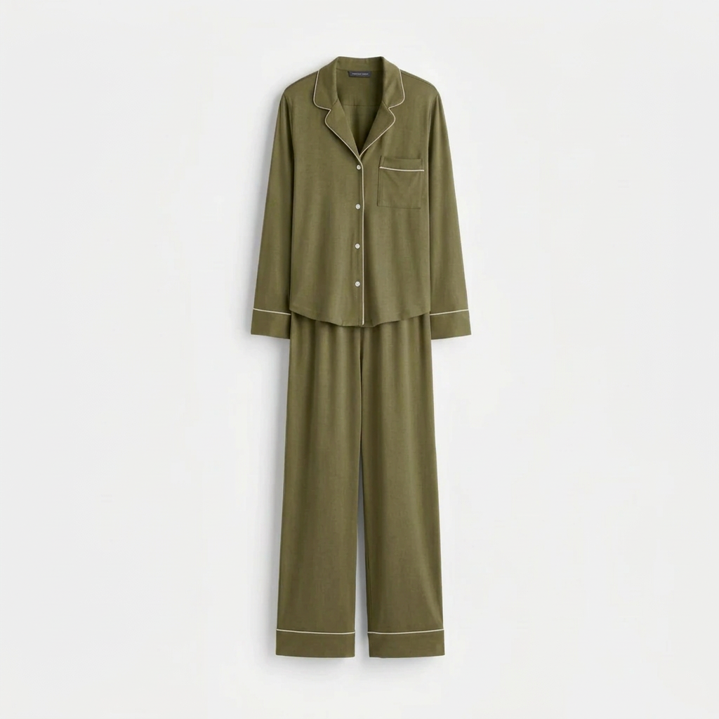 Army-green pajama suit, flat-lay