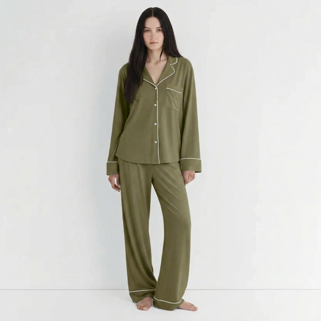 Army-green pajama suit, front view