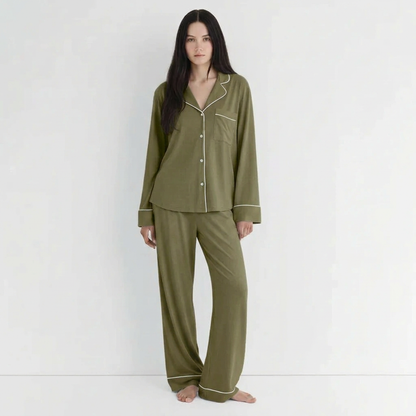 Army-green pajama suit, front view