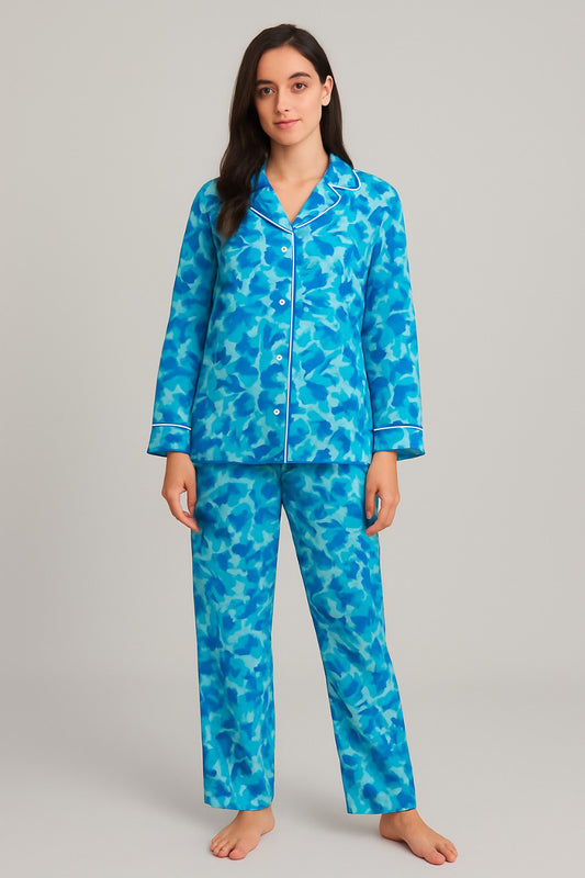 Printed Button Down Night Suit - 002