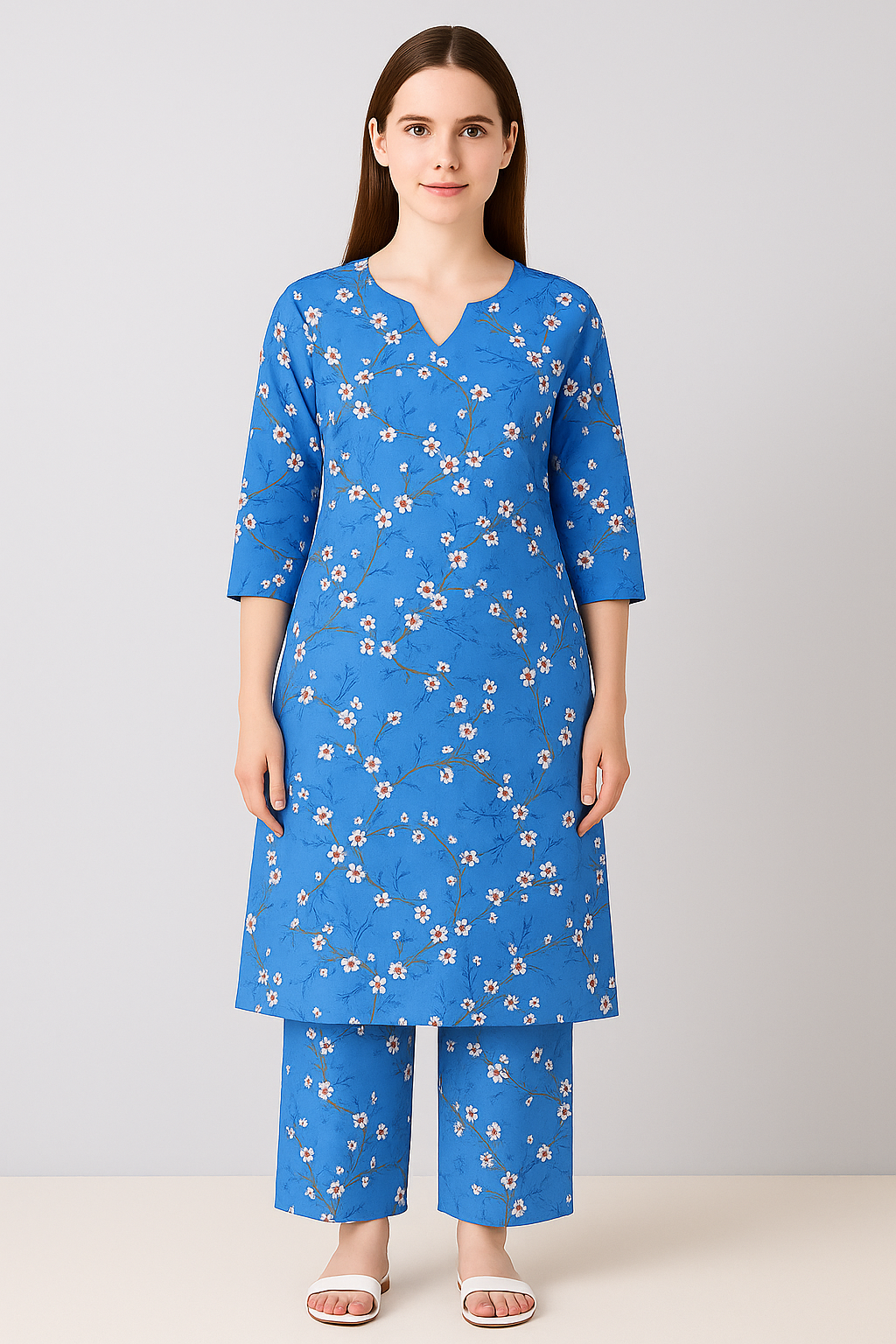 MICRO POLO COTTON- 2 PIECE-Blue With Small Flowers US-013