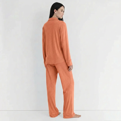 Coral-peach pajama suit, back view