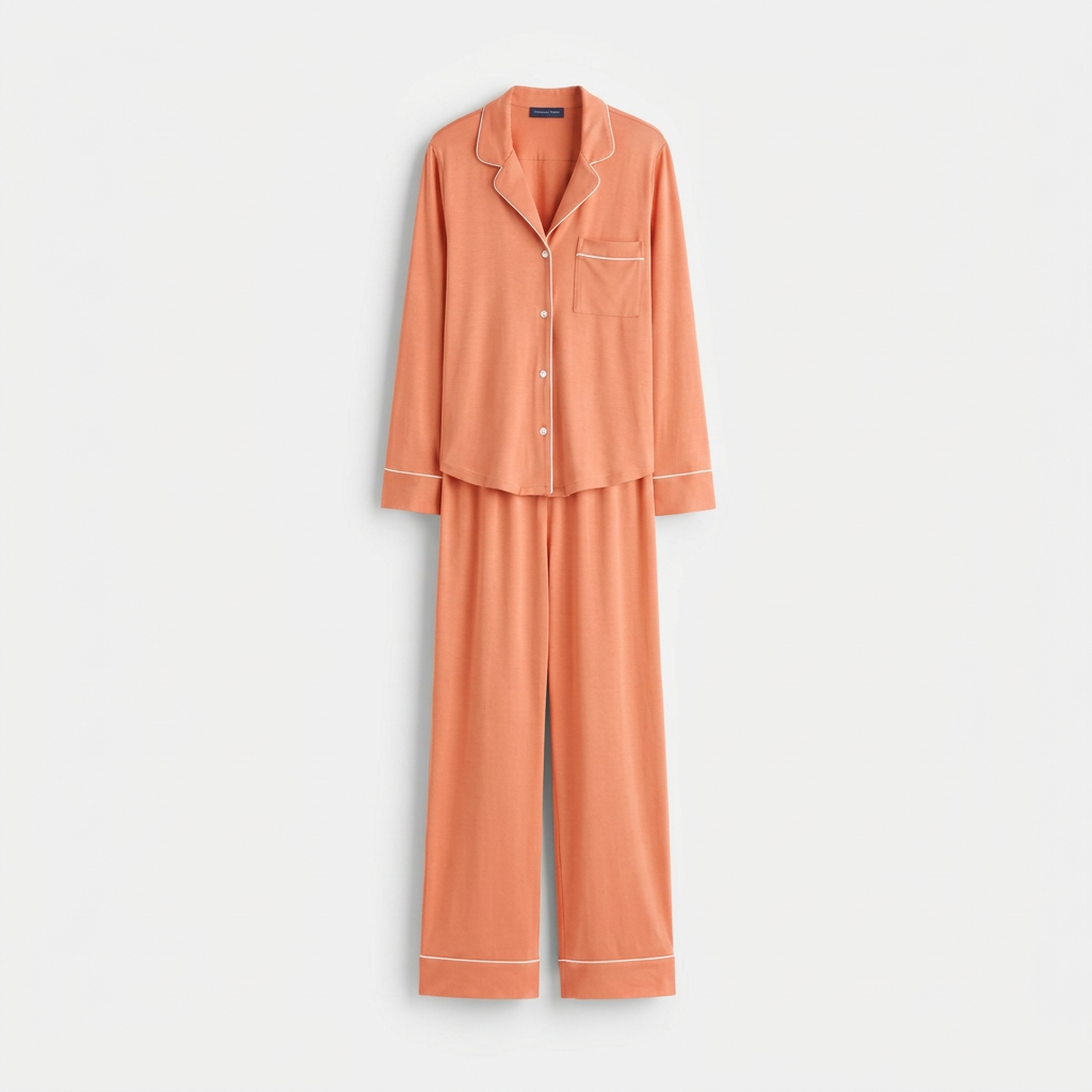 Coral-peach pajama suit, flat-lay