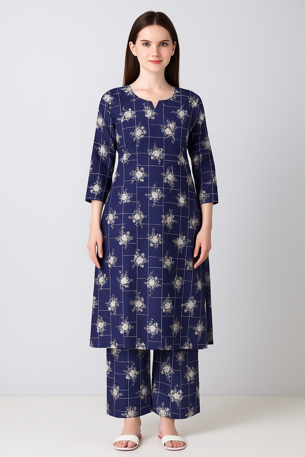 MICRO POLO COTTON- 2 PIECE-Blue With White Flowers US-015