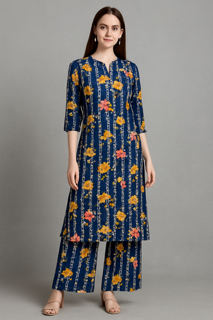 MICRO POLO COTTON- 2 PIECE-Blue With Flowers US-007