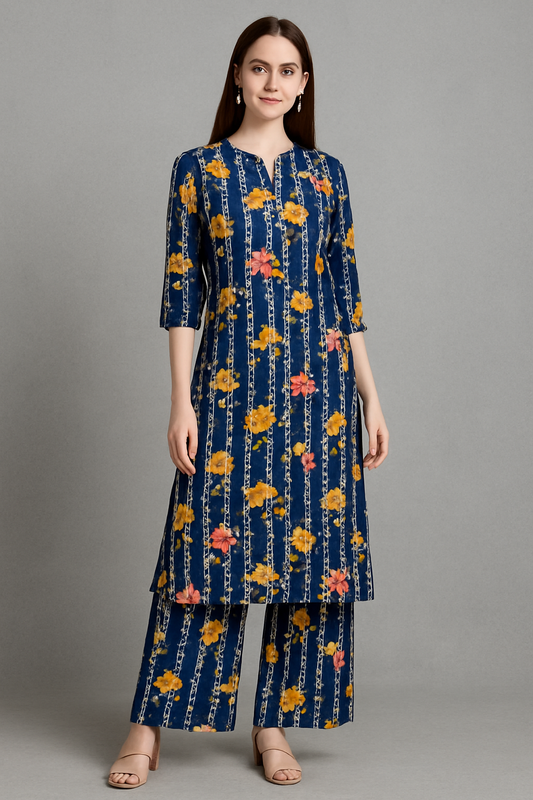 MICRO POLO COTTON- 2 PIECE-Blue With Flowers US-007