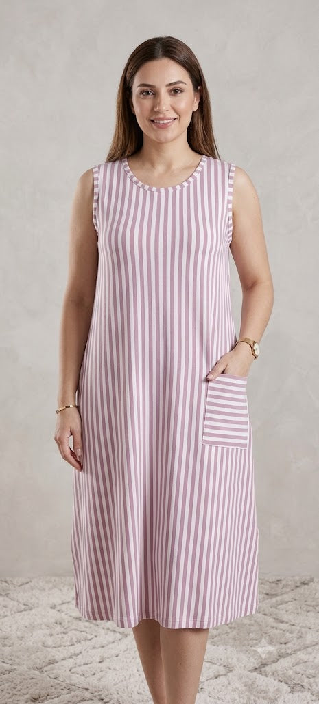 Premium Vertical Stripe Sleeveless Nighty with Pocket SBS-4