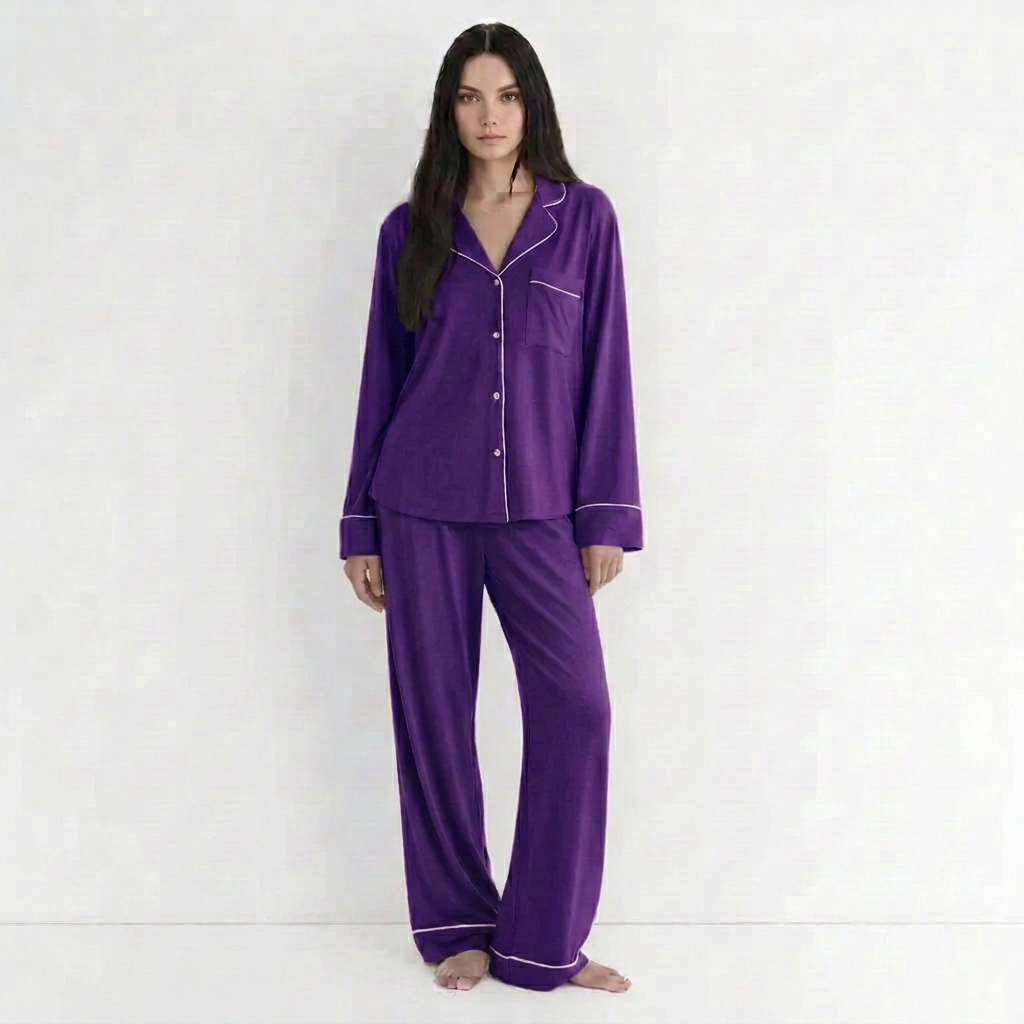 Front view of the Cloud Pajama Set in royal purple with a sharper face
