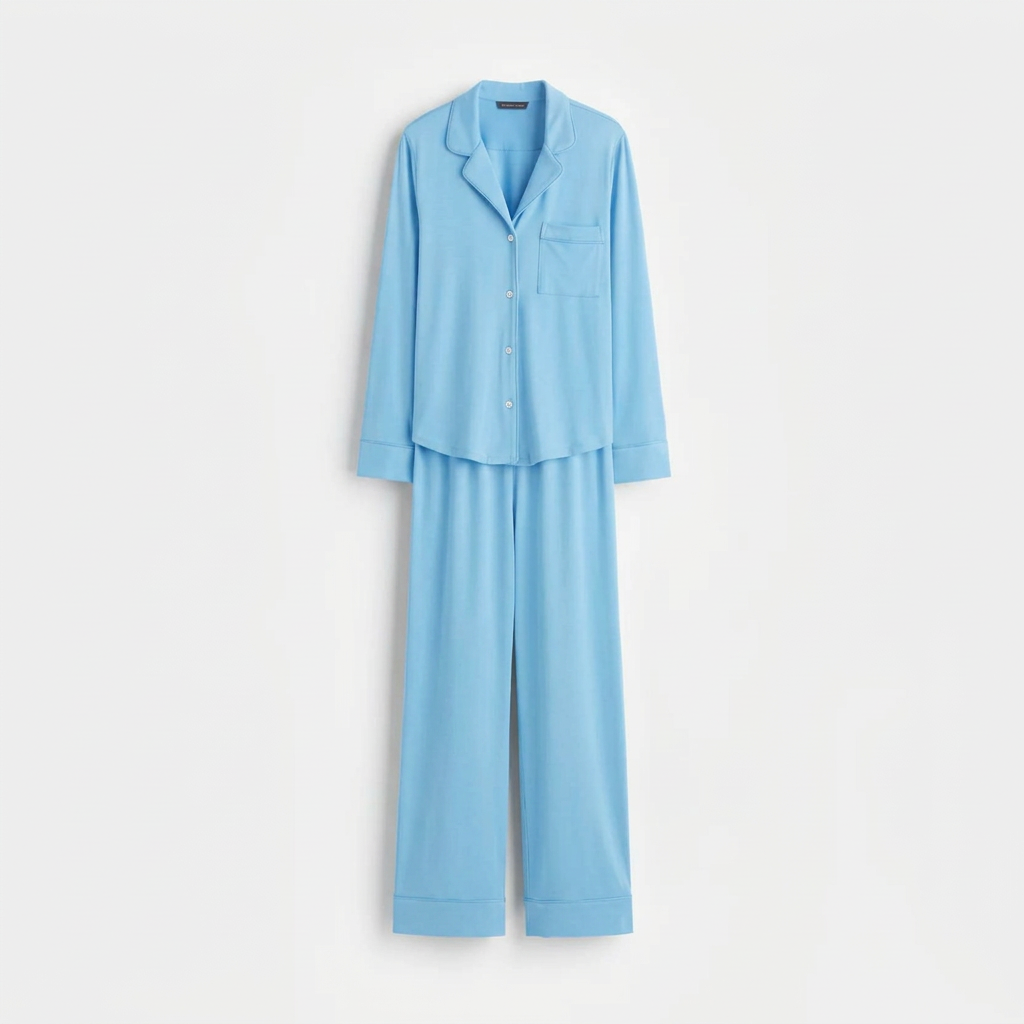 Sky-blue suit, flat-lay view