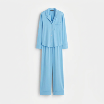 Sky-blue suit, flat-lay view